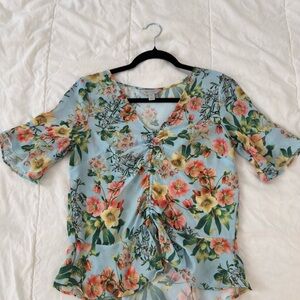 Belle Sky Floral Blouse - Light Blue and Coral